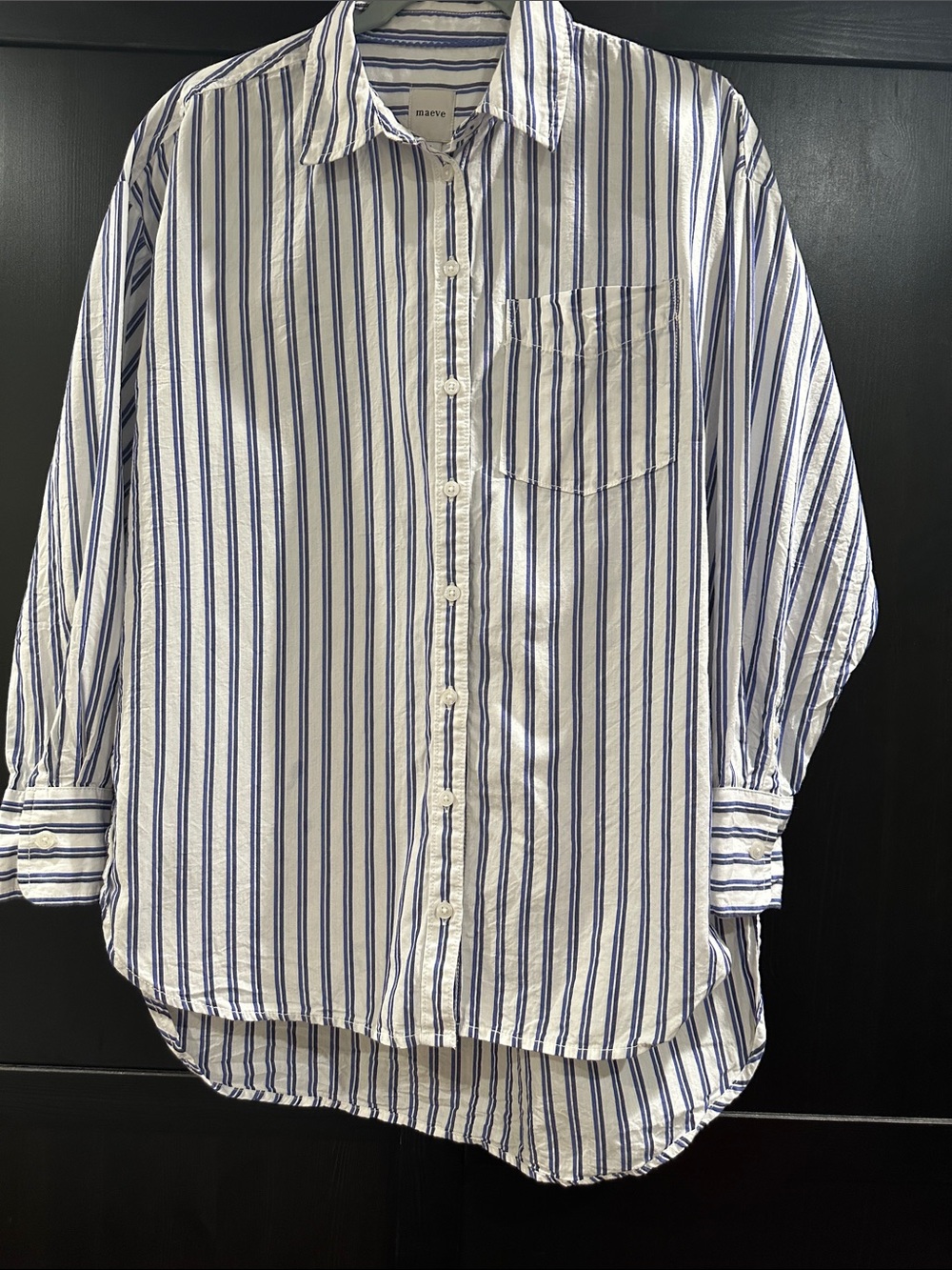 Maeve White Button-Down Shirt with Blue Vertical Stripes